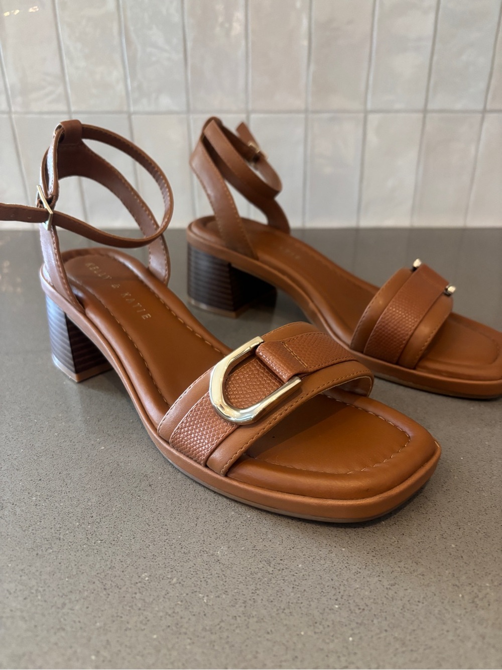 Brown Block Heel Sandals with Gold Buckle